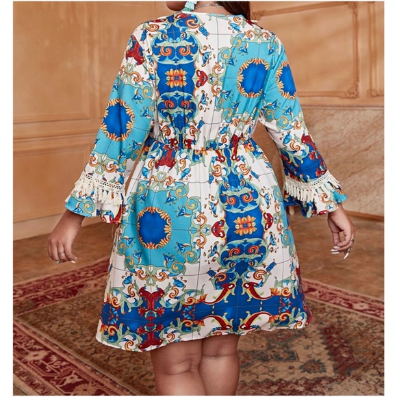 Boho Plus Print Tassel Ruffle Sleeve Dress - Picture 3 of 4